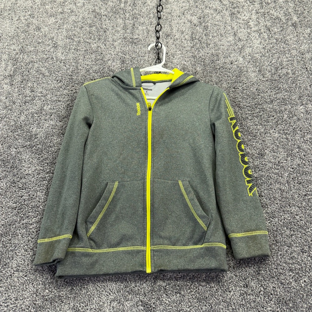 Reebok Full Zip Hoodie Boys Small Gray Neon Yellow Logo Active Fleece Jacket S